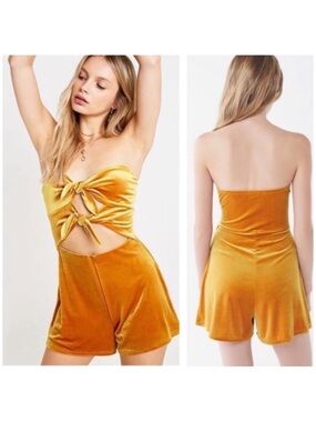 Urban Outfitters | Velvet Cut Out Strapless Gold Romper Small